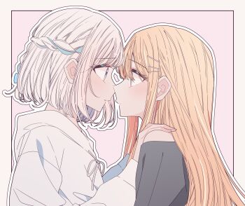 2girls black_shirt blue_ribbon braid commentary eye_contact gakuen_idolmaster green_eyes hair_ribbon half_up_braid hand_on_another&#039;s_shoulder highres hood hoodie idolmaster katsuragi_lilja kousaka_0v0 long_hair looking_at_another multiple_girls off-shoulder_shirt off_shoulder orange_hair outline parted_lips pink_background profile purple_eyes ribbon ribbon_braid shirt shiun_sumika short_hair simple_background white_hair white_hoodie white_outline yuri