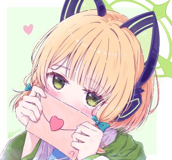 Rule 34 | 1girl, absurdres, animal ear headphones, animal ears, artist name, blonde hair, blue archive, blue necktie, blush, border, bow, cat ear headphones, cat ears, character name, character print, chinese commentary, commentary, covered mouth, fake animal ears, green background, green bow, green eyes, green halo, green jacket, hair bow, halo, headphones, heart, highres, holding, holding letter, jacket, letter, long sleeves, looking at viewer, low-tied sidelocks, midori (blue archive), necktie, outside border, painttool sai (medium), rofrs2975, shirt, short hair, shy, sidelocks, signature, solo, upper body, white border, white shirt, yuzu (blue archive)