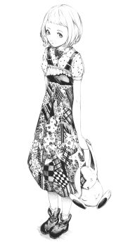 1girl female_focus full_body greyscale highres looking_up md5_mismatch monochrome original patch patchwork_clothes short_hair solo sousou_(sousouworks) stuffed_animal stuffed_rabbit stuffed_toy