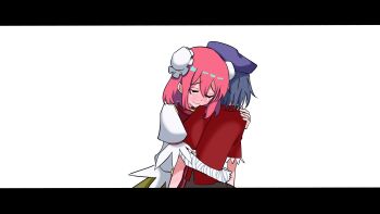 2girls bandaged_arm bandages blush bun_cover chinese_commentary closed_eyes closed_mouth commentary_request crying double_bun hair_bun highres hug ibaraki_kasen letterboxed miyako_yoshika multiple_girls pink_hair puffy_short_sleeves puffy_sleeves que_si_tian_yu_ze red_shirt shirt short_hair short_sleeves simple_background smile touhou upper_body white_background white_shirt