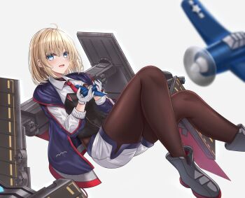 Rule 34 | 1girl, absurdres, ahoge, aircraft, airplane, anti-aircraft, anti-aircraft gun, azur lane, bataan (azur lane), blonde hair, blue eyes, bodysuit, bomber, boots, breasts, brown bodysuit, brown pantyhose, commentary request, commission, corset, dive bomber, f6f hellcat, flight deck, gloves, highres, holding, jacket, ke-zu, long sleeves, looking at viewer, machinery, medium breasts, military vehicle, necktie, open clothes, open jacket, open mouth, pantyhose, pixiv commission, propeller fighter, red necktie, revision, rigging, roundel, shirt, short hair, short shorts, shorts, simple background, smile, solo, tearing up, white background, white gloves, white shirt, white shorts, wing collar