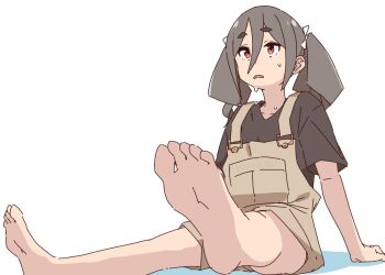 Rule 34 | 1girl, bare legs, barefoot, bluearcadegames, dress, invisible floor, kiriyama an, looking ahead, looking outside, mono (afro), on floor, overall shorts, overalls, pinafore dress, short eyebrows, simple background, sitting, sleeveless, sleeveless dress, solo, sweat, thick eyebrows, white background