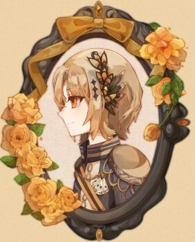 1girl ati_cangshu black_jacket brown_background brown_hair chinese_commentary closed_mouth commentary_request epaulettes floral_background flower from_side hair_ornament hasumi_leia highres jacket mahou_shoujo_no_majo_saiban picture_frame profile rose short_hair smile solo upper_body yellow_eyes yellow_flower yellow_rose