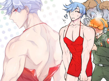 2boys backless_outfit belt brief_(psg) catchanism collarbone commentary_request cosplay dress drooling freckles hair_over_one_eye halterneck headphones heavy_breathing jumpsuit looking_at_viewer male_focus multiple_boys muscular open_mouth orange_hair panty_&amp;_stocking_with_garterbelt panty_(psg) panty_(psg)_(cosplay) parted_lips pectoral_cleavage pectorals polyester_(psg) purple_hair red_dress short_dress short_hair