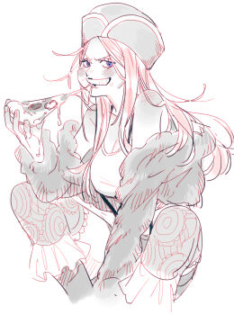 1girl anti-eyebrow_piercing blush chanko_neru commentary_request eating eyelashes face_piercing food hat holding holding_food jewelry_bonney long_hair one_piece piercing pink_hair purple_eyes simple_background solo suspenders thighhighs