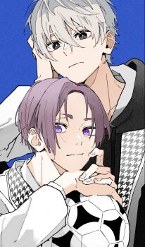 Rule 34 | 2boys, ball, black eyes, black hoodie, blue background, blue lock, closed mouth, commentary request, frown, hair between eyes, head rest, highres, hood, hood down, hoodie, houndstooth, jacket, layered sleeves, long sleeves, looking to the side, male focus, mikage reo, mkyn29, multiple boys, nagi seishirou, own hands together, parted hair, purple eyes, purple hair, short hair, sideways glance, simple background, soccer ball, upper body, white hair, white jacket