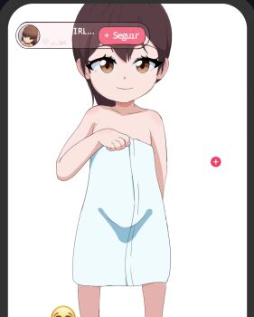 1girl animated arevix123 breasts brown_eyes brown_hair child crying_emoji emoji exhibitionism highres legs livestream loli looking_at_viewer meme navel nipples nude open_towel original ponytail public_indecency pussy simple_background small_breasts smile solo standing stomach thighs towel uohhhhhhhhh!_(meme) video white_background