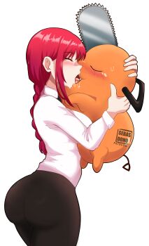 1girl ^_^ absurdres animal ass bestiality black_pants blush braid breasts chainsaw_man closed_eyes commentary cowboy_shot cursed french_kiss from_side highres holding holding_animal hug kiss large_breasts leggings long_hair makima_(chainsaw_man) pants pochita_(chainsaw_man) profile red_hair sebasdono shirt sidelocks standing transparent_background very_long_hair what white_shirt