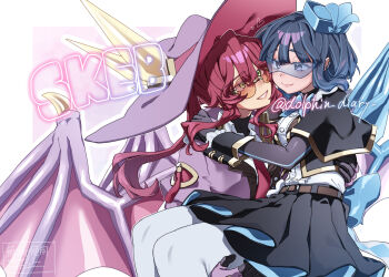 2girls blue-tinted_eyewear blue_hair blush bodysuit breasts commentary_request couple demon_girl demon_wings duel_monster evil_twin_ki-sikil evil_twin_lil-la green_eyes iruka_no_kasa_(dolphin_diary) ki-sikil_(yu-gi-oh!) large_breasts lil-la_(yu-gi-oh!) long_hair multiple_girls pink_hair red-tinted_eyewear red_hair simple_background tinted_eyewear white_background wings yu-gi-oh! yuri