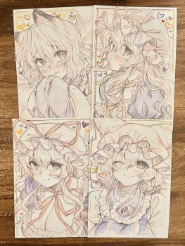 Rule 34 | 2girls, animal ear fluff, animal ears, animal hat, blonde hair, blue tabard, blush, breasts, choker, cleavage, commentary request, dress, fox ears, fox tail, hat, hat ribbon, heart, highres, kitsune, large breasts, masanaga (tsukasa), mob cap, multiple girls, multiple tails, photo (object), purple dress, red ribbon, ribbon, ribbon choker, tabard, tail, touhou, traditional media, white hat, yakumo ran, yakumo yukari