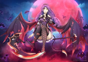 1girl absurdres asymmetrical_legwear bare_shoulders bat_(animal) bat_wings breasts cleavage closed_mouth commentary crown curtained_hair demon_girl demon_tail eiyuu_densetsu english_commentary finger_to_mouth fishnets floating floating_hair full_moon halloween high_heels highres holding holding_scythe holding_weapon huge_weapon instagram_logo instagram_username kuro_no_kiseki_(series) leotard long_hair looking_at_viewer medium_breasts moon night night_sky off-shoulder_leotard outdoors parted_bangs purple_hair red_moon renne_(eiyuu_densetsu) scythe shushing sky smile solo tail thigh_gap thighhighs tropicalsalad18 twitter_username twitter_x_logo weapon wings yellow_eyes