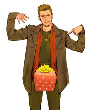 1boy arms_up beard_stubble blonde_hair box brown_jacket closed_mouth collared_shirt cowboy_shot crew_cut dean_winchester facial_hair gift gift_box green_eyes green_pants green_shirt half-closed_eyes highres jacket jewelry kunnuscumnus looking_at_viewer necklace open_clothes open_hand open_jacket open_shirt pants pointing pointing_at_object raised_eyebrow red_shirt shirt shirt_under_shirt simple_background smirk stubble supernatural_(tv_series) white_background