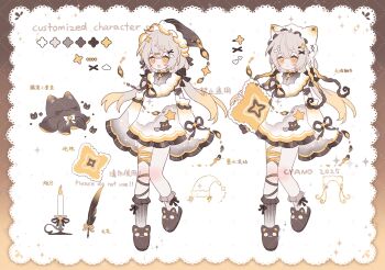 Rule 34 | 1girl, :3, :d, absurdres, animal hat, animal slippers, black hair, black hat, black ribbon, blonde hair, blush, brown slippers, brown socks, candle, cat hat, cat slippers, closed mouth, crossed bangs, cyano, detached sleeves, double-parted bangs, dress, full body, gradient hair, grey hair, hair ornament, hairclip, hat, heart, heart hair ornament, highres, holding, holding pillow, long hair, long sleeves, multicolored hair, multiple views, nightcap, open mouth, original, pillow, quill, ribbon, simple background, sleeve ribbon, sleeveless, sleeveless dress, sleeves past fingers, sleeves past wrists, slippers, smile, socks, standing, standing on one leg, white background, white dress, white hat, white sleeves, wide sleeves, x hair ornament, yellow eyes