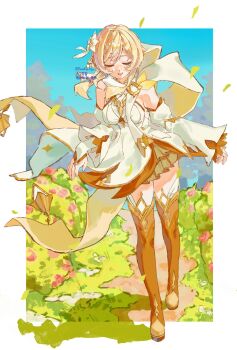 1girl artist_name banthyo_hiyo bare_shoulders blonde_hair blue_sky boots border breasts brown_boots closed_eyes cloud cloudy_sky commentary day detached_sleeves dress floating_clothes floating_hair flower frills full_body genshin_impact gold_ring gold_trim grass hair_between_eyes hair_flower hair_ornament highres juliet_sleeves long_sleeves lumine_(as_heaven_and_earth_are_made_anew)_(genshin_impact) lumine_(genshin_impact) medium_breasts official_alternate_costume open_mouth outdoors outside_border pink_flower puffy_sleeves scarf short_hair sidelocks sky sleeveless sleeveless_dress smile solo standing symbol-only_commentary thigh_boots white_border white_dress white_flower white_scarf white_sleeves wide_sleeves