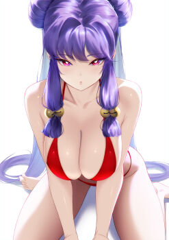 Rule 34 | 1girl, barefoot, bell, bikini, blueorca, breasts, bright pupils, collarbone, commentary request, double bun, hair bell, hair bun, hair ornament, highres, large breasts, long hair, looking at viewer, parted lips, purple hair, ranma 1/2, red bikini, red eyes, shampoo (ranma 1/2), simple background, sitting, solo, swimsuit, wariza, white background