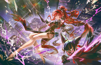 1girl bare_legs bare_shoulders black_dress black_footwear black_gloves black_hair black_hairband breasts bright_pupils broken_glass building chain circle_facial_mark cityscape commentary disembodied_hand doll dress earrings elbow_gloves english_commentary flower_hairpin from_above glass gloves hair_between_eyes hair_intakes hair_ornament hairband hairpin high_heels highres jessica_wijaya jewelry large_breasts long_hair looking_at_viewer mechanical_hands midair open_hand pangu_terminal_(wuthering_waves) parted_lips pointy_ears red_eyes red_hair single_earring single_mechanical_hand skyscraper smile solo tacet_mark_(wuthering_waves) tassel underboob very_long_hair white_pupils wuthering_waves yinlin_(wuthering_waves) zapstring_(wuthering_waves)