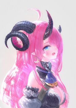 Rule 34 | 1girl, ahoge, blue eyes, blue ribbon, breasts, cleavage, commentary request, curled horns, demon horns, detached sleeves, earrings, grey background, highres, horns, jewelry, long hair, looking at viewer, magrona, magrona channel, open mouth, pink hair, pointy ears, ribbon, shiratsuyu mone, sideways mouth, simple background, solo, upper body, very long hair, virtual youtuber