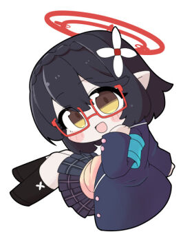 1girl armband ayane_(blue_archive) black_hair black_jacket black_shoes black_socks blue_archive blush_stickers braid brown_eyes chibi flower from_side full_body glasses grey_skirt hair_flower hair_ornament halo hand_up jacket long_sleeves looking_at_viewer looking_to_the_side miranofuudoria open_clothes open_jacket plaid_clothes plaid_skirt pleated_skirt red-framed_eyewear school_uniform semi-rimless_eyewear shoes simple_background skirt socks solo sweater_vest under-rim_eyewear white_background white_flower