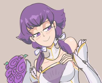 Rule 34 | bare shoulders, blush, bouquet, bow, bride, davewaterfalls, detached collar, dress, fire emblem, fire emblem: the sacred stones, flower, hair bow, hand on own chest, lute (fire emblem), nintendo, purple eyes, purple hair, simple background, wedding dress