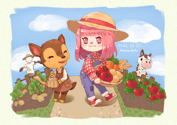 1boy 2girls :3 :d ^_^ animal_crossing apron artist_name basket blue_overalls blue_pants blue_sky blunt_bangs blush blush_stickers border brown_apron brown_headwear carrot closed_eyes closed_mouth cloud collared_shirt commentary dated day deer_girl english_commentary fauna_(animal_crossing) fence furry furry_female furry_male garden grass green_border hat hime_cut holding holding_basket holding_watering_can horse_boy long_hair long_sleeves matchaneko multiple_girls nintendo open_mouth outdoors overalls pants papi_(animal_crossing) path pink_eyes pink_hair plant potato red_footwear red_shirt road scarecrow shirt shoes sidelocks sky smile standing straw_hat tomato tomato_plant villager_(animal_crossing) watering_can wheat white_shirt wing_collar wooden_fence
