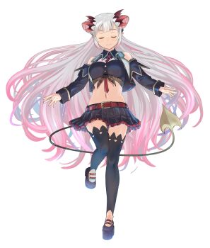 1girl :d arms_at_sides bare_shoulders belt between_breasts black_shirt black_shoes black_skirt black_sleeves black_thighhighs black_vest breasts circle_skirt cleavage_cutout closed_eyes clothing_cutout collared_shirt commentary_request cone_hair_bun crop_top cropped_shirt cropped_vest demon_girl demon_horns demon_tail detached_sleeves double_bun facing_viewer frilled_skirt frills gradient_hair grey_hair hair_bun haniwa_(leaf_garden) headgear high_heels highres horns knees_up large_breasts long_hair long_sleeves lowleg lowleg_skirt midriff miniskirt multicolored_hair nanashi_inc. navel necktie necktie_between_breasts open_clothes open_mouth open_vest outstretched_arms pink_hair pink_streaks platform_heels platform_shoes pleated_skirt pointy_ears red_belt red_horns red_necktie shirt shoes side_up_bun simple_background skirt skirt_flip sleeveless sleeveless_shirt smile solo standing standing_on_one_leg stirrup_legwear streaked_hair suou_patra suou_patra_(1st_costume) tail thighhighs toeless_legwear transparent_background very_long_hair vest virtual_youtuber wide_hips