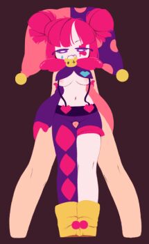 :3 animated animated_gif areola_slip bouncing_breasts breasts buro_(muse_dash) fang hat jester_cap looping_animation medium_breasts muse_dash navel nipple_slip nipples red_hair suragugu thigh_sex thighhighs underboob