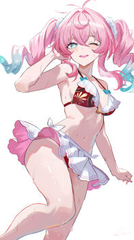 Rule 34 | 1girl, ;), absurdres, aqua eyes, aqua hair, bikini, breasts, commentary request, drill hair, highres, honkai: star rail, honkai (series), hyacine (honkai: star rail), medium breasts, multicolored hair, nanjo maya, navel, one eye closed, parted lips, pink hair, red bikini, simple background, smile, solo, stomach, swimsuit, twin drills, two-tone hair, white background