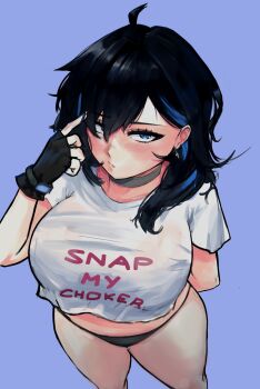 1girl arms_behind_back ayase_yuu black_hair blue_eyes blue_hair breasts choker clothes_writing crop_top drawfag earrings fingerless_gloves from_above gloves jewelry large_breasts looking_at_viewer panties phase_connect phase_connect_jp thick_thighs thighs underwear