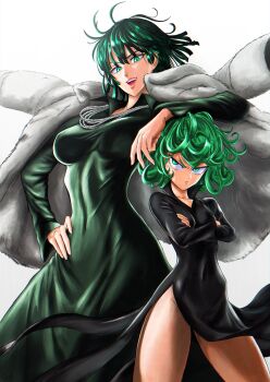 2girls anger_vein angry arm_on_another's_head arm_rest bare_legs black_dress breasts closed_mouth coat coat_on_shoulders collared_dress commentary covered_navel crossed_arms curly_hair dress english_commentary eyelashes floating_clothes floating_hair frown fubuki_(one-punch_man) fur_coat furrowed_brow glaring green_dress green_eyes green_hair hand_on_own_hip height_difference highres jewelry large_breasts lips long_sleeves looking_at_another multiple_girls necklace one-punch_man open_mouth pearl_necklace pelvic_curtain pink_lips roub3d short_hair siblings side_slit simple_background sisters small_breasts smile tatsumaki thick_thighs thighs tight_clothes tight_dress v-shaped_eyebrows white_background