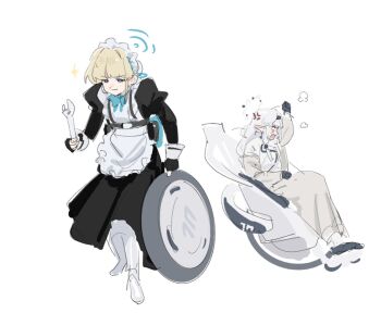 2girls adjustable_wrench anger_vein angry apron arm_up black_dress black_gloves blonde_hair blue_archive blue_halo boots chest_harness closed_mouth dress gloves grey_hair halo harness highres himari_(blue_archive) holding holding_wrench jacket juliet_sleeves long_hair long_sleeves maid_headdress man_stealing_wheelchair_wheel_(meme) meme multiple_girls pointy_ears puff_of_air puffy_sleeves simple_background sitting sketch smile sparkle toki_(blue_archive) utsuru4 wheel wheelchair white_apron white_background white_boots white_jacket wrench