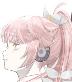 1girl blunt_bangs bow empty_eyes enneholic floating_hair from_side hair_bow headphones high_ponytail highres kobushi_kiku light_blush long_hair looking_ahead looking_up multiple_hair_bows open_mouth pale_skin pink_hair ponytail sidelocks smile solo upper_body vocaloid vy1 white_background white_bow yellow_eyes