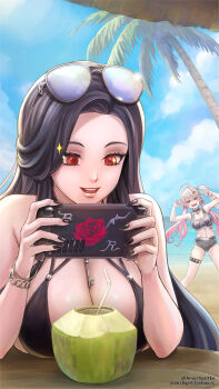 Rule 34 | 2girls, absurdres, anarchyart, bikini, black bikini, black hair, breasts, cleavage, eyewear on head, goddess of victory: nikke, highres, jackal (nikke), large breasts, long hair, maiden (nikke), maiden (under the sun) (nikke), multiple girls, official alternate costume, red eyes, sunglasses, swimsuit, very long hair