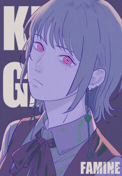 1girl chainsaw_man character_name closed_mouth dress earrings expressionless fami_(chainsaw_man) fourth_east_high_school_uniform grey_hair grey_shirt highres jewelry looking_at_viewer mole mole_under_eye mole_under_mouth multiple_moles pink_eyes powpe_r purple_dress purple_ribbon ribbon ringed_eyes school_uniform shirt solo twitter_username