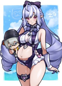 absurdres border breasts cleavage cowboy_shot highres large_breasts long_hair one-piece_swimsuit pointy_ears pregnant purple_eyes purple_hair rotomdocs stuffed_toy swimsuit vivian_banshee white_border white_one-piece_swimsuit wise_(zenless_zone_zero) zenless_zone_zero