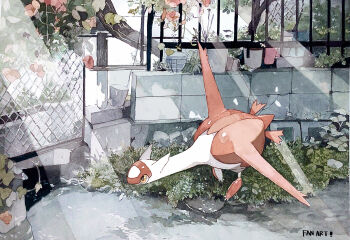 Rule 34 | chain-link fence, commentary request, cup, day, fence, flower, flying, full body, gen 3 pokemon, grass, highres, kamonabe (kamonabeekon), latias, legendary pokemon, light rays, nintendo, no humans, plant, pokemon, pokemon (creature), pokemon focus, railing, scenery, solo, stream, sunbeam, sunlight, tree, water, yellow eyes