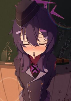 1girl arms_behind_back blood blue_archive blush board_eraser chalk chalkboard classroom closed_eyes commentary_request facing_viewer food garrison_cap hair_between_eyes hair_ornament hairclip halo haruka_(blue_archive) hat highres incoming_pocky_kiss indoors jacket lens_flare medium_hair necktie pocky pocky_kiss purple_hair purple_halo purple_jacket purple_skirt red_shirt relief_07 shared_food shirt skirt solo