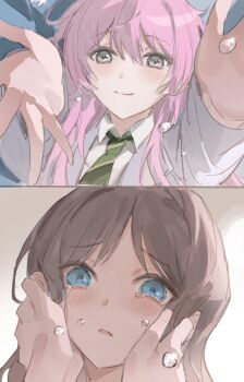 Rule 34 | 2girls, absurdres, bang dream!, bang dream! it's mygo!!!!!, blue eyes, blush, brown hair, chihaya anon, chinese commentary, closed mouth, commentary request, crying, crying with eyes open, diagonal-striped clothes, diagonal-striped necktie, female pov, grey eyes, grey jacket, hands on another's cheeks, hands on another's face, haneoka school uniform, highres, jacket, long hair, multiple girls, nagasaki soyo, necktie, pov, school uniform, striped clothes, tears, was775, yuri
