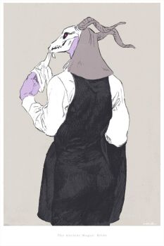 1boy biting biting_glove black_vest colored_skin cowboy_shot cropped_legs elias_ainsworth from_behind furry furry_male gloves grey_background hand_up horns jacket looking_at_viewer looking_back mahou_tsukai_no_yome male_focus nagabe pink_eyes purple_skin shirt simple_background skull_head unworn_jacket vest white_gloves white_shirt