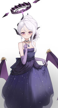 1girl absurdres bare_shoulders black_halo black_horns blue_archive blush chinese_commentary commentary_request demon_horns demon_wings dress earrings elbow_gloves evening_gown gloves halo hand_up highres hina_(blue_archive) hina_(dress)_(blue_archive) holding_own_dress horns jewelry long_hair looking_at_viewer loushao multiple_horns necklace official_alternate_costume official_alternate_hairstyle pendant purple_dress purple_eyes purple_gloves purple_wings simple_background solo strapless strapless_dress white_background white_hair wings