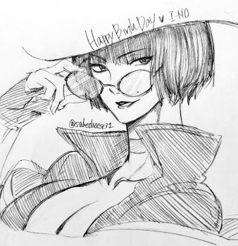 1girl arc_system_works breasts choker cleavage collarbone fingerless_gloves gloves guilty_gear guilty_gear_strive hat i-no large_breasts mole mole_above_mouth solo sunglasses