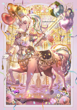 1girl balloon breasts bug butterfly carousel centaur chinese_zodiac closed_mouth conductor_baton confetti crop_top epaulettes flower full_body gloves grey_hair hair_between_eyes hair_extensions hat heart_balloon highres hooves horns horse_tail insect long_hair looking_at_viewer making-of_available medium_breasts monster_girl multiple_legs original ponytail puffy_short_sleeves puffy_sleeves revision saddle shadow shako_cap shirt short_sleeves sidelocks single_horn smile solo standing tail tassel taur undershirt watermark web_address white_gloves white_hair white_shirt year_of_the_horse yuu_(arcadia)