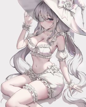 Rule 34 | 1girl, absurdres, arm support, armband, bare shoulders, blush, bow, breasts, cleavage, closed mouth, collarbone, commentary, crop top, english commentary, eyepatch, flower, frilled armband, frilled shorts, frilled thigh strap, frilled wrist cuffs, frills, grey eyes, hair between eyes, hand on headwear, hand up, hat, hat bow, hat flower, highres, jademoon, large breasts, large hat, long hair, looking at viewer, low twintails, medical eyepatch, midriff, navel, original, rose, short shorts, shorts, simple background, solo, stomach, thigh strap, thighs, twintails, very long hair, white background, white flower, white hair, white hat, white rose, witch, witch hat, wrist cuffs