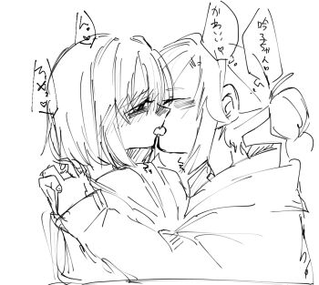 Rule 34 | 2girls, ahoge, anyoji hime, blush, bob cut, closed eyes, commentary, french kiss, greyscale, half-closed eyes, heart, holding hands, hood, hooded jacket, interlocked fingers, jacket, kiss, link! like! love live!, long hair, love live!, momose ginko, monochrome, multi-tied hair, multiple girls, open mouth, ponytail, simple background, sketch, speech bubble, spoken heart, tama jirou (tamaru0225), thought bubble, translation request, upper body, virtual youtuber, white background, yuri
