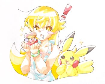 ! +_+ 1girl apron back_bow black_eyes blonde_hair bow bow_apron box bracelet collarbone cropped_torso cupping_hands diglett donut dot_nose drooling excited fang flat_chest flipped_hair food food_on_head gen_1_pokemon hair_between_eyes hair_flaps hand_to_own_mouth hands_up highres jewelry long_hair loose_hair_strand monogatari_(series) mouth_drool object_on_head oshino_shinobu own_hands_together pikachu pointy_ears red_bow sidelocks signature skin_fang sparkle sparkling_eyes taste_colorful very_long_hair white_apron yellow_eyes