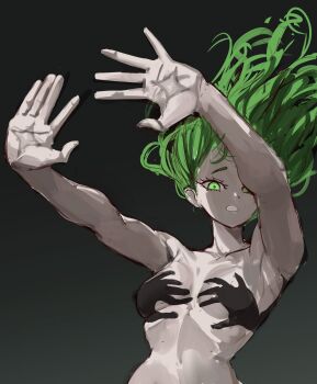 1girl commentary curvy green_eyes grey_hair hand_shadow_covering_breasts_(meme) highres medium_hair meme one-punch_man rakeemspoon simple_background solo tatsumaki wavy_hair