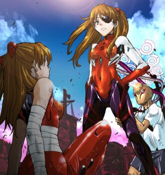 1other 2girls alternate_universe artist_request ass bandaged_arm bandages blue_eyes blue_sky bodysuit breasts brown_hair cloud cloudy_sky cosplay evangelion:_3.0+1.0_thrice_upon_a_time evangelion:_3.0_you_can_(not)_redo expressionless eyepatch hairpods injury interface_headset_(evangelion) long_hair looking_at_another mecha_pilot_suit medium_breasts multiple_girls multiple_persona neon_genesis_evangelion plugsuit_(evangelion) rebuild_of_evangelion red_bodysuit shiny_clothes sitting sky souryuu_asuka_langley souryuu_asuka_langley_(cosplay) standing surprised the_end_of_evangelion twintails two_side_up what