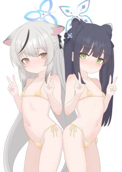 2girls absurdres animal_ear_fluff animal_ears ass-to-ass bare_shoulders bikini black_hair blue_archive blue_halo blunt_bangs blush breasts brown_eyes cameltoe closed_mouth collarbone cowboy_shot double_v extra_ears flat_chest gold_bikini green_eyes grey_hair groin halo hands_up highres kokona_(blue_archive) loli long_hair looking_at_viewer micro_bikini moke_(moke_dayo) multicolored_hair multiple_girls navel parted_lips shun_(blue_archive) shun_(small)_(blue_archive) siblings side-tie_bikini_bottom sidelocks simple_background small_breasts stomach streaked_hair swimsuit tiger_ears tiger_girl twins twintails v very_long_hair white_background yellow_bikini