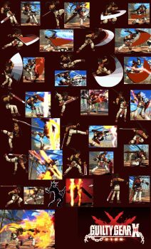 1boy 1girl 3d absurdres anime_screenshot arc_system_works brown_hair comparison fire forehead_protector guilty_gear guilty_gear_xrd headband highres long_hair muscular official_art outdoors pixel_art ponytail sol_badguy spiked_hair sprite_art sword thumbs_down weapon