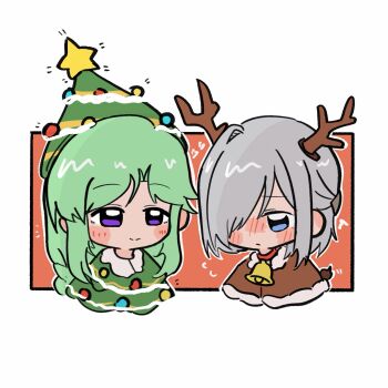2girls antlers assault_lily bell blue_eyes blush brown_capelet capelet chibi choker christmas_tree_costume christmas_tree_hat closed_mouth commentary cropped_torso deer_antlers fake_antlers fake_horns flying_sweatdrops green_hair grey_hair hair_over_one_eye half_updo heart highres horns kasa_(kasa_mayulove) long_hair looking_at_another multiple_girls murakami_tokiwa neck_bell nose_blush one_eye_covered orange_background parted_bangs purple_eyes red_choker sekino_youko smile star_(symbol) star_symbol_background symbol-only_commentary two-tone_background upper_body white_background