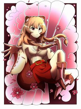 Rule 34 | 1girl, absurdres, alternate costume, animal ears, belt, blunt bangs, boots, breasts, brown boots, brown hair, cleavage, closed mouth, commentary, convenient skirt, hands up, highres, japanese clothes, kimono, kosode, light blush, long hair, long sleeves, looking at viewer, medium breasts, metal hair tubes, miniskirt, multicolored boots, neck ribbon, ny4n-ny4n, open clothes, open kimono, partially open kosode, pink boots, pink ribbon, raccoon ears, raccoon girl, raccoon tail, raphtalia, red belt, red eyes, red skirt, ribbon, ribbon-trimmed sleeves, ribbon trim, skirt, solo, tail, tate no yuusha no nariagari, two-tone boots, white kimono, white kosode, wide sleeves